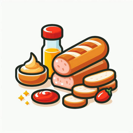 Sausage, bread and mustard. Vector illustration in cartoon styleのイラスト素材