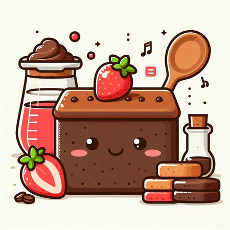 Cute chocolate cake character with fruits and berries. Vector illustration.のイラスト素材