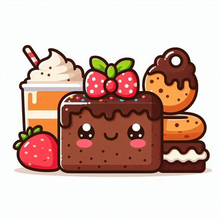 Cute chocolate cake character with whipped cream and strawberry. Vector illustration.のイラスト素材