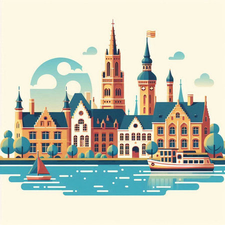 Cityscape of Amsterdam, Netherlands. Vector illustration in retro style.のイラスト素材