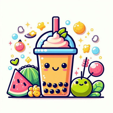 Funny cartoon ice cream with fruits and berries. Vector illustration.のイラスト素材