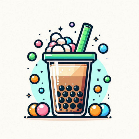 Vector illustration of bubble tea in a plastic cup with a straw and sprinkles.のイラスト素材