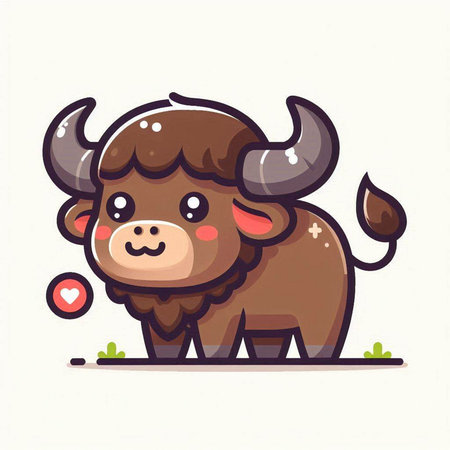 Cute cartoon buffalo. Vector illustration isolated on a white background.のイラスト素材