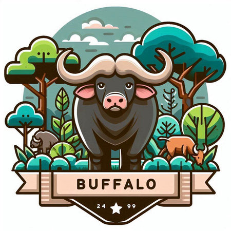 Vector illustration of a buffalo in a forest with a ribbon and textのイラスト素材