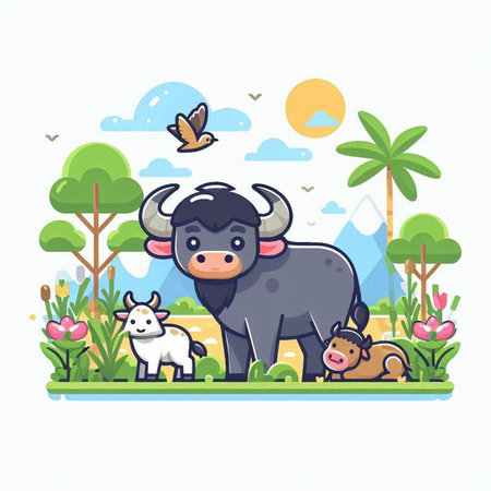 Cute cartoon buffalo in the park. Vector illustration, flat designのイラスト素材