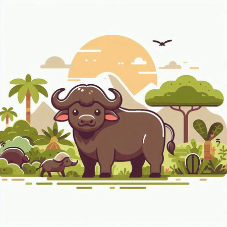 Illustration of a buffalo in the jungle, flat style, vectorのイラスト素材