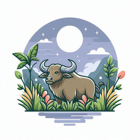 Illustration of a buffalo in the meadow with plants and moonのイラスト素材