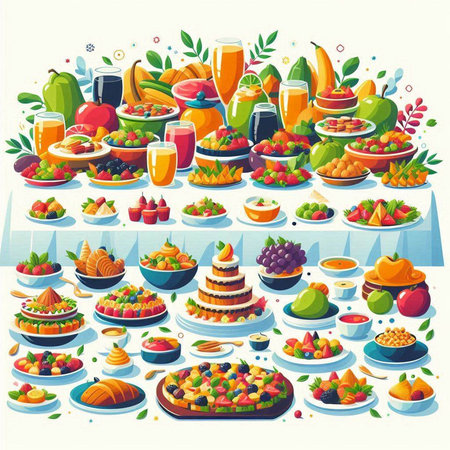 Fruit and berries on a table. Vector illustration in cartoon styleのイラスト素材
