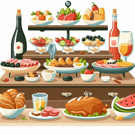 Illustration of a table with food and drinks on a white backgroundのイラスト素材