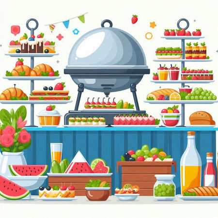 Fruit and bbq counter with food. Vector illustration.のイラスト素材