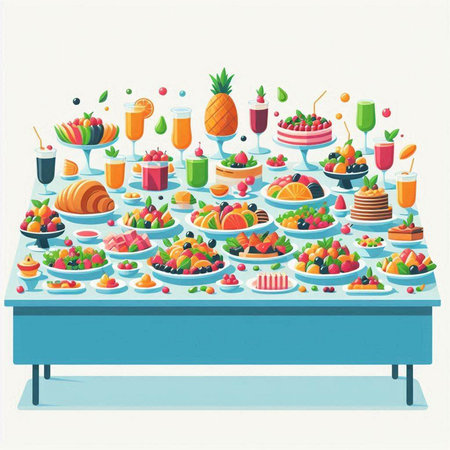 Fruit and berries on the table. Vector illustration in flat styleのイラスト素材