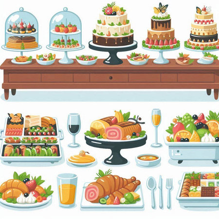 Catering banquet table with food and drinks. Vector illustration.のイラスト素材