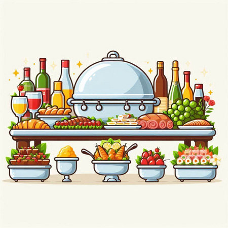 Catering buffet with food and drinks. Vector illustration in flat styleのイラスト素材