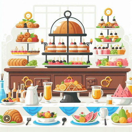 Vector illustration of a bar counter with different kinds of fruit and cakesのイラスト素材