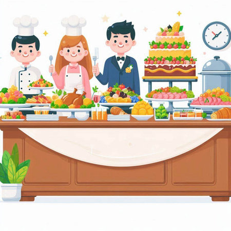 Catering buffet with staff and desserts. Vector illustration in cartoon styleのイラスト素材