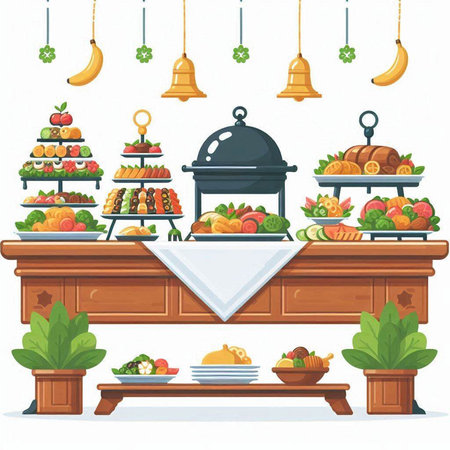 Catering buffet with different food. Vector illustration in cartoon styleのイラスト素材