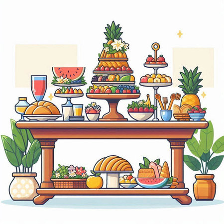 Vector illustration of a buffet table with fruits and vegetables. Flat style.のイラスト素材