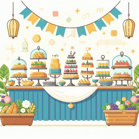 Vector illustration of a sweet buffet with cakes, fruit and pastries.のイラスト素材