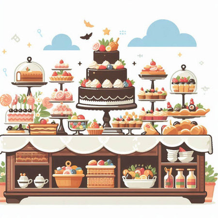 Illustration of a sweet buffet with cakes, cupcakes and other dessertsのイラスト素材