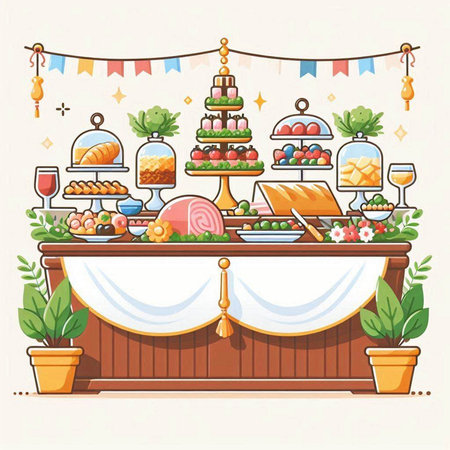 Catering buffet with food and drinks. Vector illustration in cartoon styleのイラスト素材