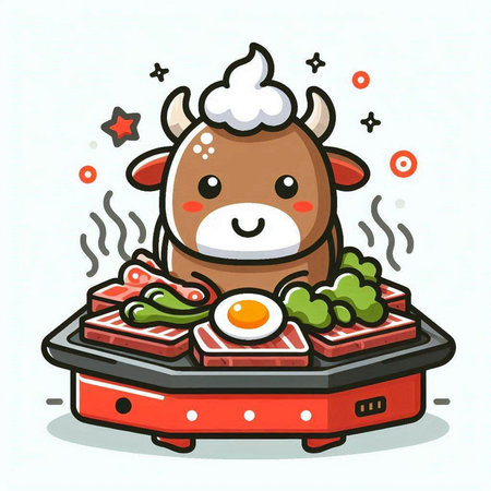 Illustration of Cute Cow Character Wearing Sausage and Steakのイラスト素材