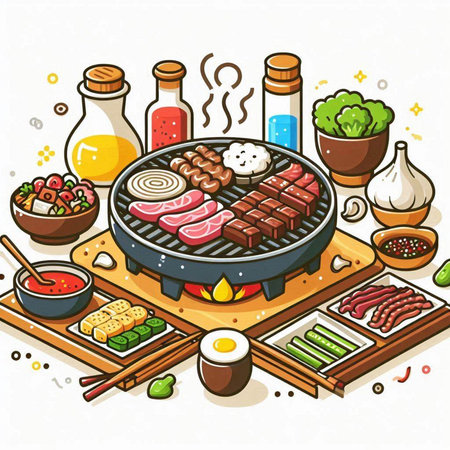 Illustration of a BBQ grill with various kinds of meat and vegetablesのイラスト素材