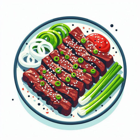 Sliced beef on a plate with vegetables. Vector illustration.のイラスト素材