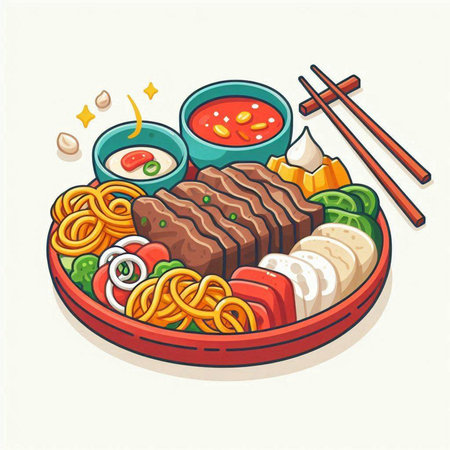 japanese noodle with chopsticks and beef, vector illustrationのイラスト素材