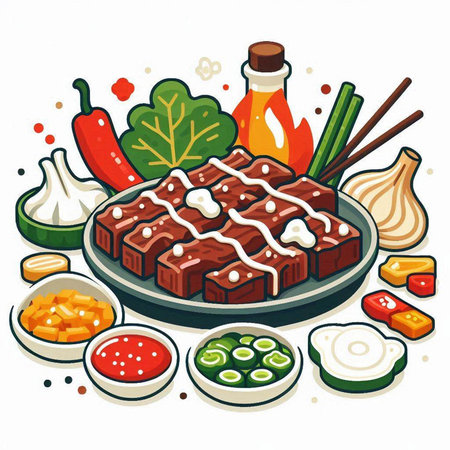 Illustration of grilled beef with vegetables and sauce on a white backgroundのイラスト素材