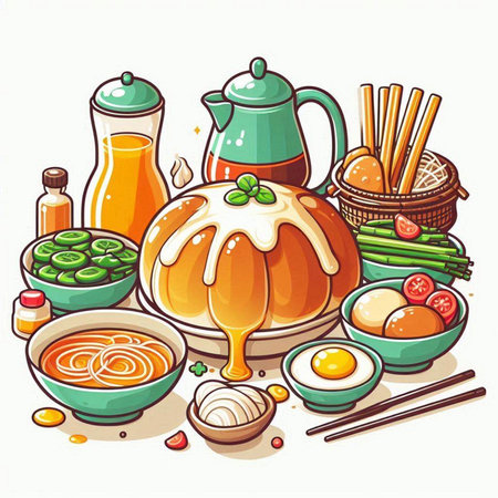 Vector illustration of Chinese food set with teapot, chopsticks, soy sauce, fried egg, vegetables and chopsticksのイラスト素材