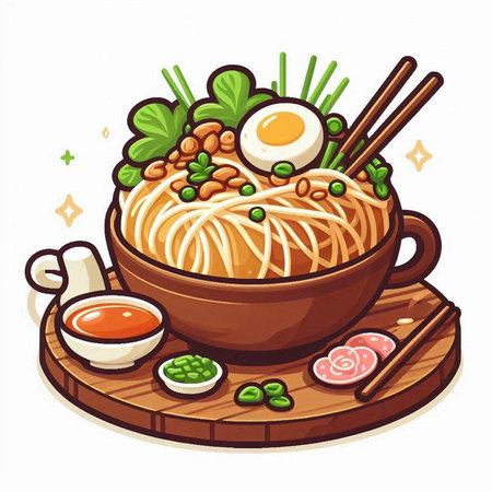 Noodles in a bowl on a wooden board. Vector illustration.のイラスト素材