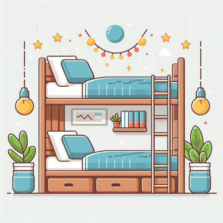 Vector illustration of a cozy bedroom with a bed and a bunk bedのイラスト素材