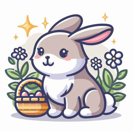Cute bunny with basket of eggs and flowers. Vector illustration.のイラスト素材