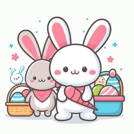 Cute bunny and rabbit with basket of easter eggs cartoon vector illustrationのイラスト素材