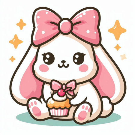 Cute cartoon bunny with cupcake and bow. Vector illustration.のイラスト素材