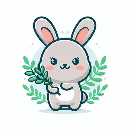 Cute cartoon bunny with green leaves. Vector illustration in a flat style.のイラスト素材