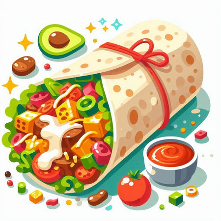 Mexican burrito with vegetables and sauce. Vector illustration in flat styleのイラスト素材