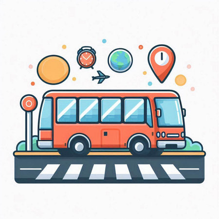 Bus on the road. Vector illustration in flat style. Isolated on white background.のイラスト素材