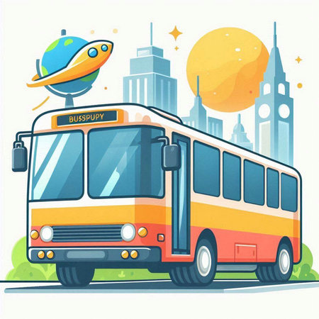 Bus on the background of the city. Vector illustration in flat styleのイラスト素材