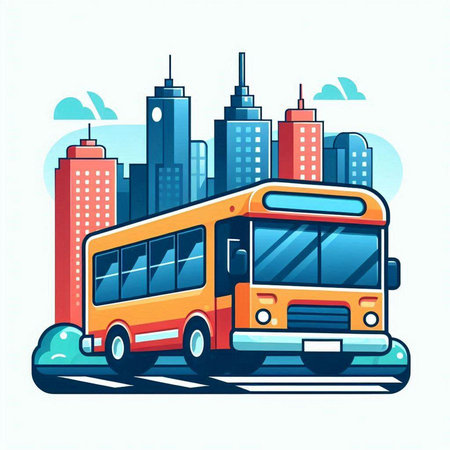 Bus on the city street. Vector illustration in flat style. Cityscape background.のイラスト素材