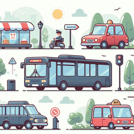 Set of city transport. Bus, taxi, bus, trolleybus, taxi, train, bus, tram. Flat vector illustration.のイラスト素材