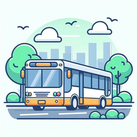 Bus on the road in the city. Vector illustration in flat styleのイラスト素材