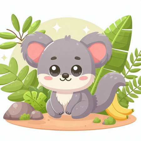 Cute koala sitting on the ground in the jungle. Vector illustration.のイラスト素材