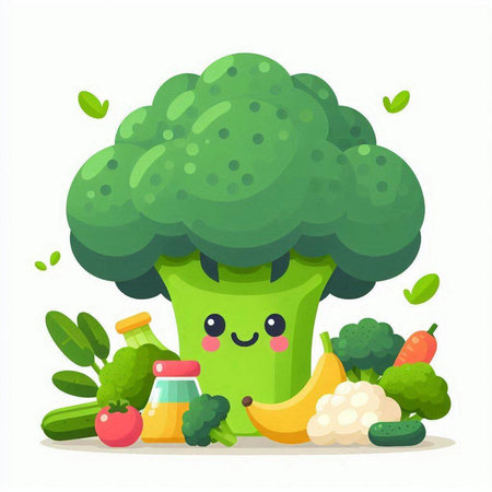 Cute broccoli character with fruits and vegetables. Vector illustration in cartoon style.のイラスト素材