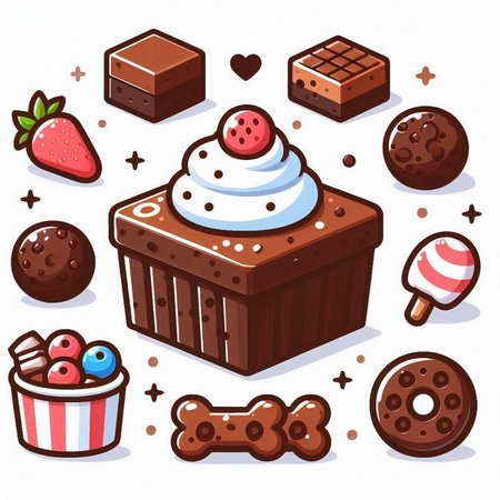 Vector set of chocolate cakes, candies, ice cream, donuts, candies, cookies.のイラスト素材
