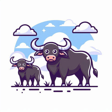 Vector illustration of a buffalo and a calf on a background of cloudsのイラスト素材