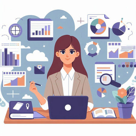 Business woman working with laptop in office. Flat design vector illustration.のイラスト素材