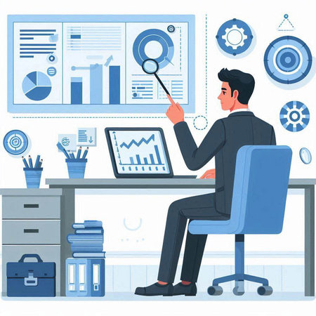 Businessman sitting at his desk in office. Vector illustration of businessman working on laptop.のイラスト素材