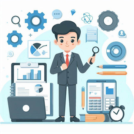 Businessman with magnifying glass. Vector illustration in flat style.のイラスト素材