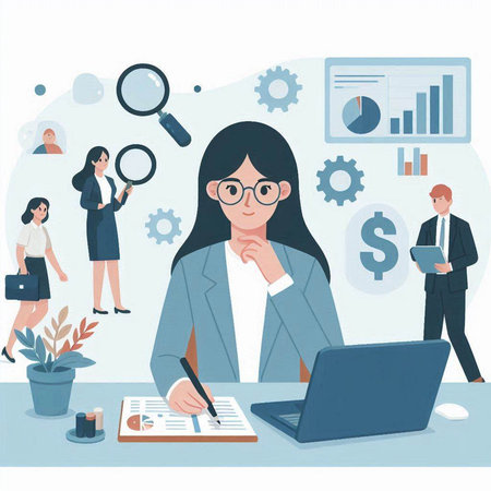 Vector illustration of businesswoman working with laptop in office. Business people in the background.のイラスト素材